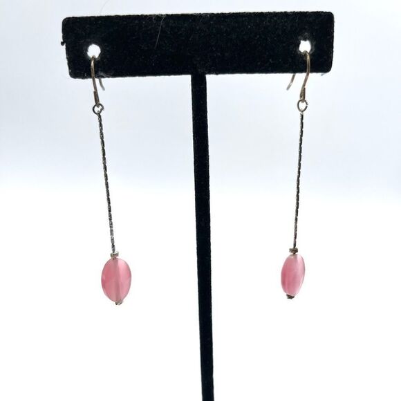 Pink Crystals Drop Earrings  with Silver Tone chain - Picture 1 of 2